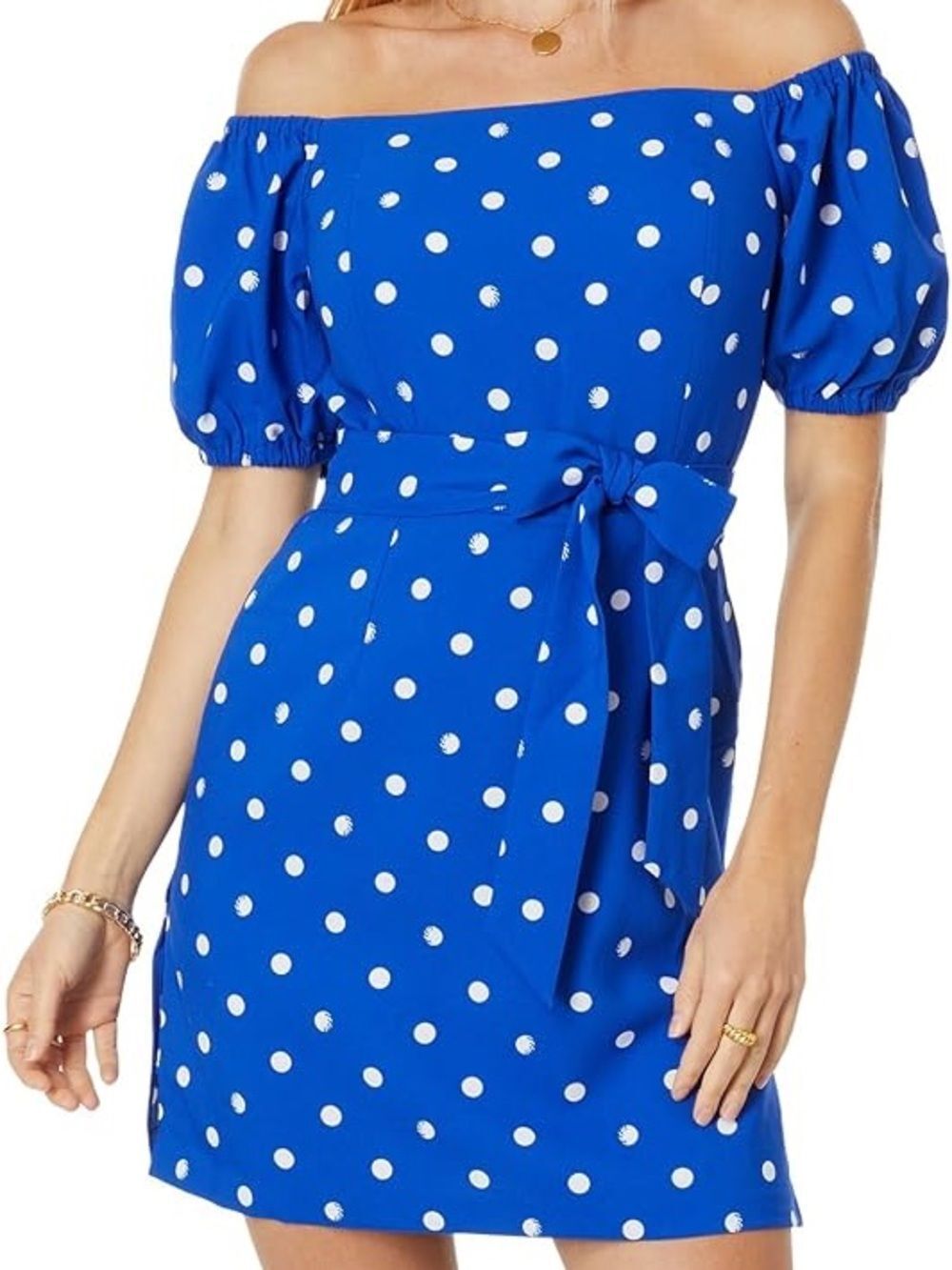 LILLY PULITZER Jada Off the Shoulder Romper Blue Grotto Hotter Spot Print Size 6